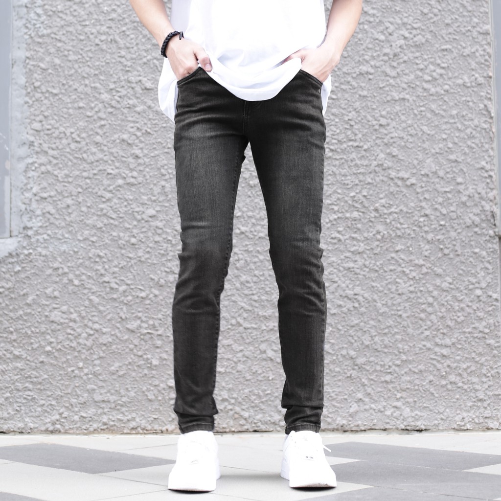 Quần Skinny Jeans Nam-Màu Xám Đen-Kiểu Trơn-Chất Liệu Cotton Co Giãn-Ống Đứng Dáng-Ống Ôm Chân Chuẩn Skinny