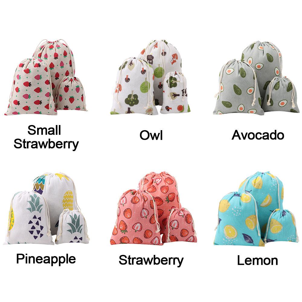 Túi dây rút bằng vải lanh cotton chống bụi in họa tiết trái cây dùng đựng đồ trang điểm