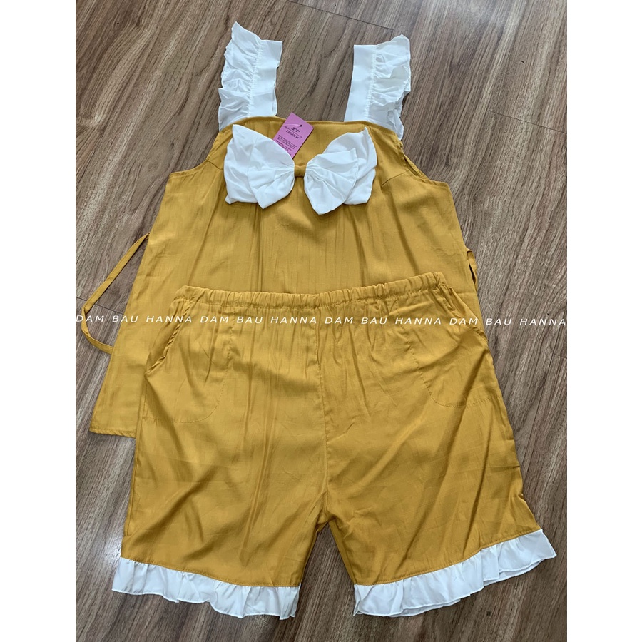 [HANNA] Đồ Bộ  Cho Mẹ Bầu Xinh Mặc Ở Nhà Quần Đùi Vải Lụa Đũi Hàn Cao Cấp Mềm Mát Free Size 40-70kg Đường May Chắc Chắn
