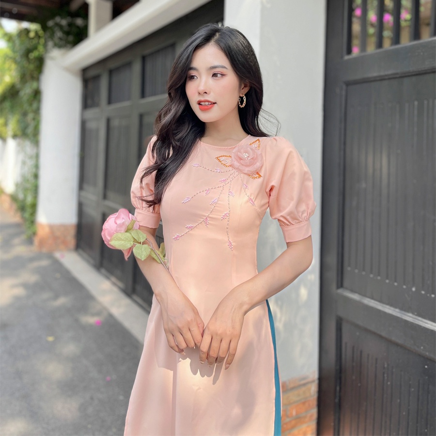 Áo dài kết đá pha lê gắn hoa-AD10