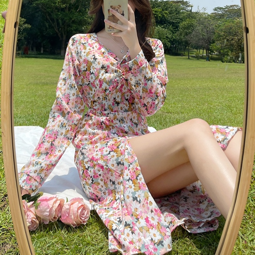 Đầm Chiffon Dài Tay Cổ Chữ v In Hoa Phong Cách Pháp Thời Trang Mùa Thu Cho Nữ