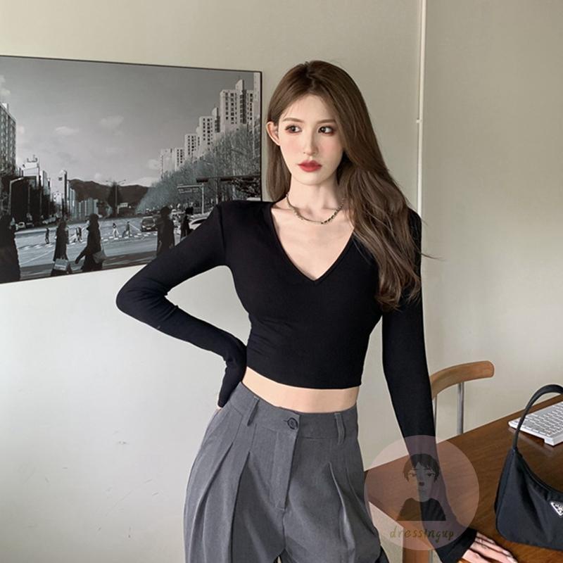 Áo Thun Dài Tay Cổ Chữ V Màu Trơn Thiết Kế Mỏng Năng Động Thời Trang Dành Cho Nữ