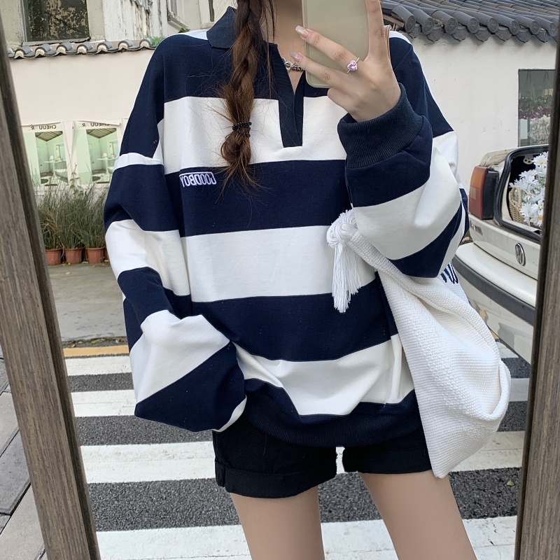 Áo thun polo ZHELIHANGFEI tay dài kẻ sọc thêu họa tiết kiểu retro dễ phối đồ