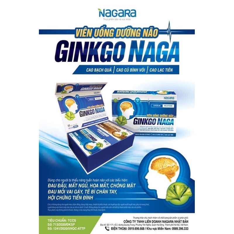 Viên uống dưỡng não GINKGO NAGA hộp 60viên - dùng cho người  bị đau đầu, mất ngủ, hoa mắt, chóng mặt,đau mỏi vai gáy,...