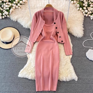 Đầm cổ yếm dây cổ kèm khoác, Set đầm len kèm khoác tay dài phối dây nơ phía sau