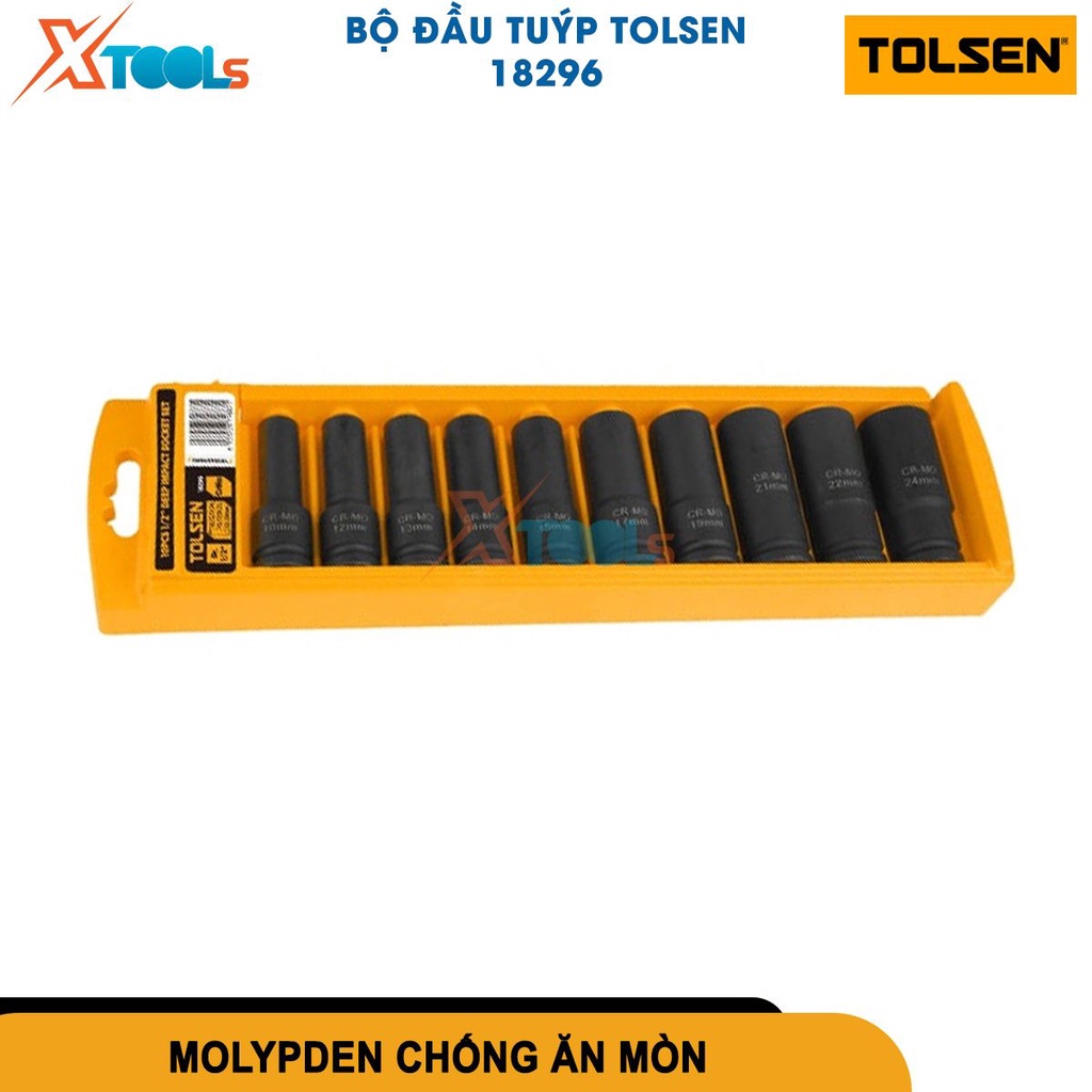 Bộ 10 cái đầu tuýp 1/2'' loại dài Tolsen 18296, thép CR-MO cao cấp xử lý nhiệt, chuyên dụng cho vặn [CHÍNH HÃNG][XTOOLS]