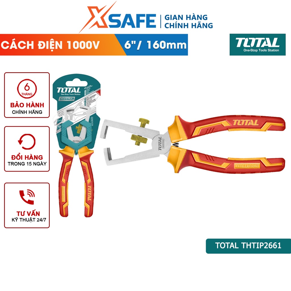 Kìm tuốt dây cách điện TOTAL THTIP2661 Kềm cách điện 6 inch/ 160mm, đầu kềm mạ đen, đánh bóng cứng cáp bển bỉ