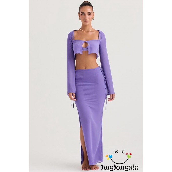 Bộ Áo Croptop Dài Tay Màu Trơn + Chân Váy Dài Lưng Cao Xẻ Tà Phối Dây Thời Trang Cho Nữ Linglongxi2