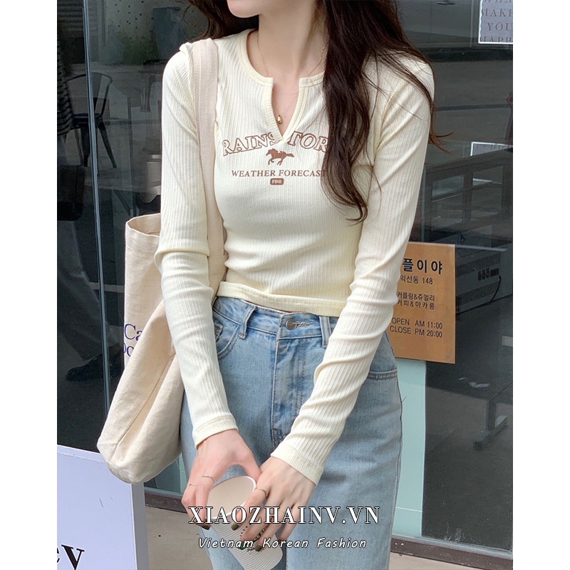 Áo croptop Xiaozhainv tay dài cổ chữ v in họa tiết vintage phong cách Hàn Quốc