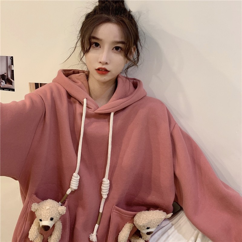 Áo hoodie gấu có mũ trùm đầu dễ thương thu đông phong cách hàn quốc