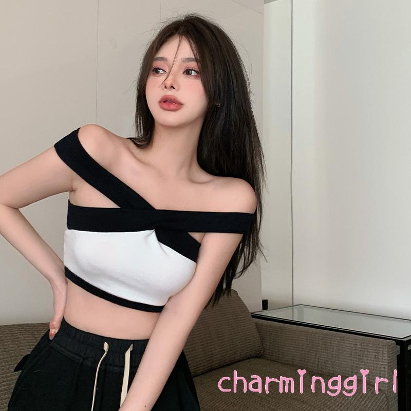 QAQ-Women´s Midriff-baring Tank Tops Black White Color Matching Cross Hanging Neck Off Shoulder Sleeveless Slim Tops