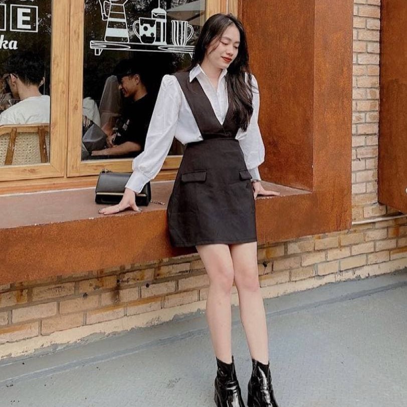 Set Áo Sơ Mi Tay Phồng + Váy Yếm Chữ A (Áo TRẮNG + Váy ĐEN)