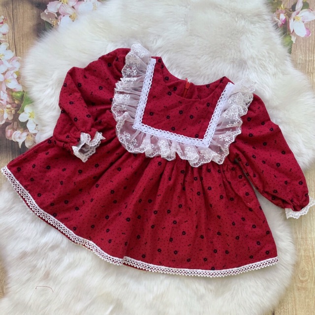 Váy đầm thiết kế thu đông cho bé gái từ 3 tháng tuổi (6-30kg) chất thô nhung đỏ đô