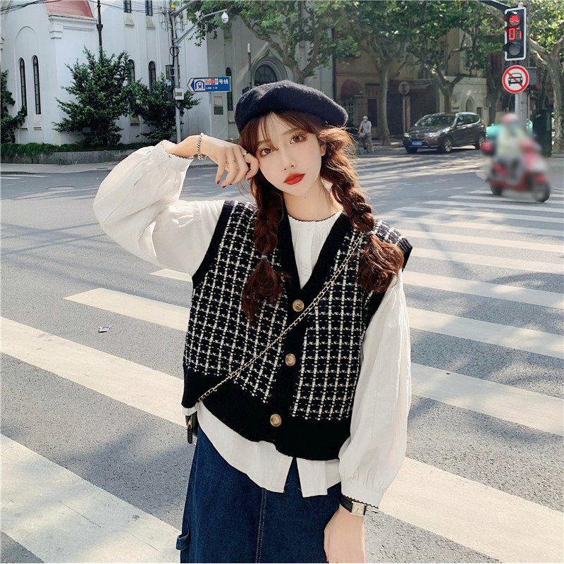 Hàng Sẵn_Set áo gile cardigan đa năng mix sọc retro phong cách Vintage