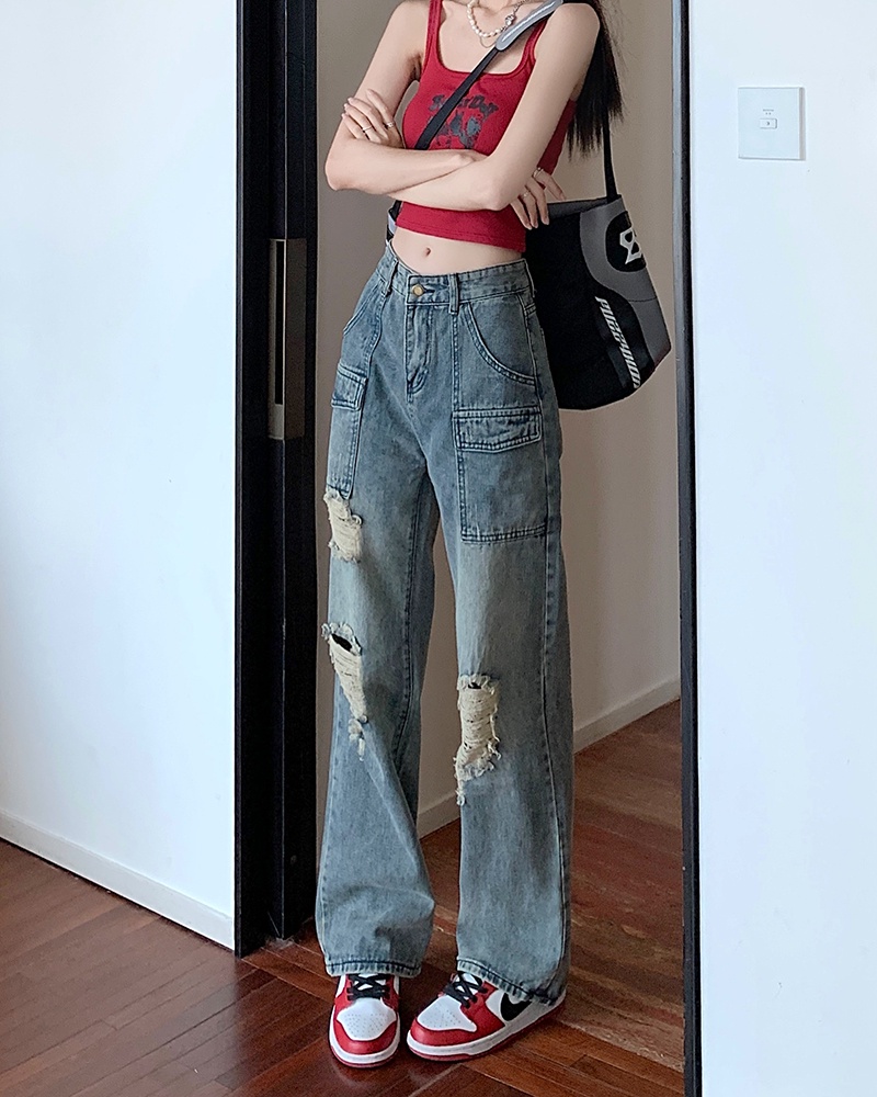 Quần Denim Ống Rộng Lưng Cao Phối Vết Rách Phong Cách Mỹ Thời Trang Mùa Thu Hàng Mới 55925