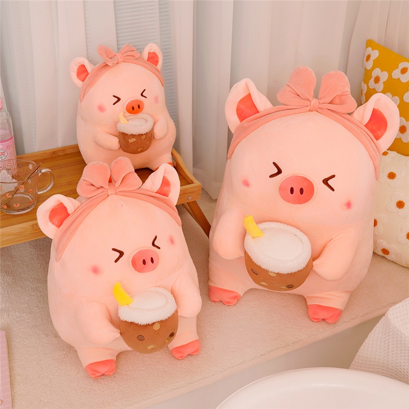 Thú Nhồi Bông Hình Chú Heo Uống Trà Sữa Dễ Thương