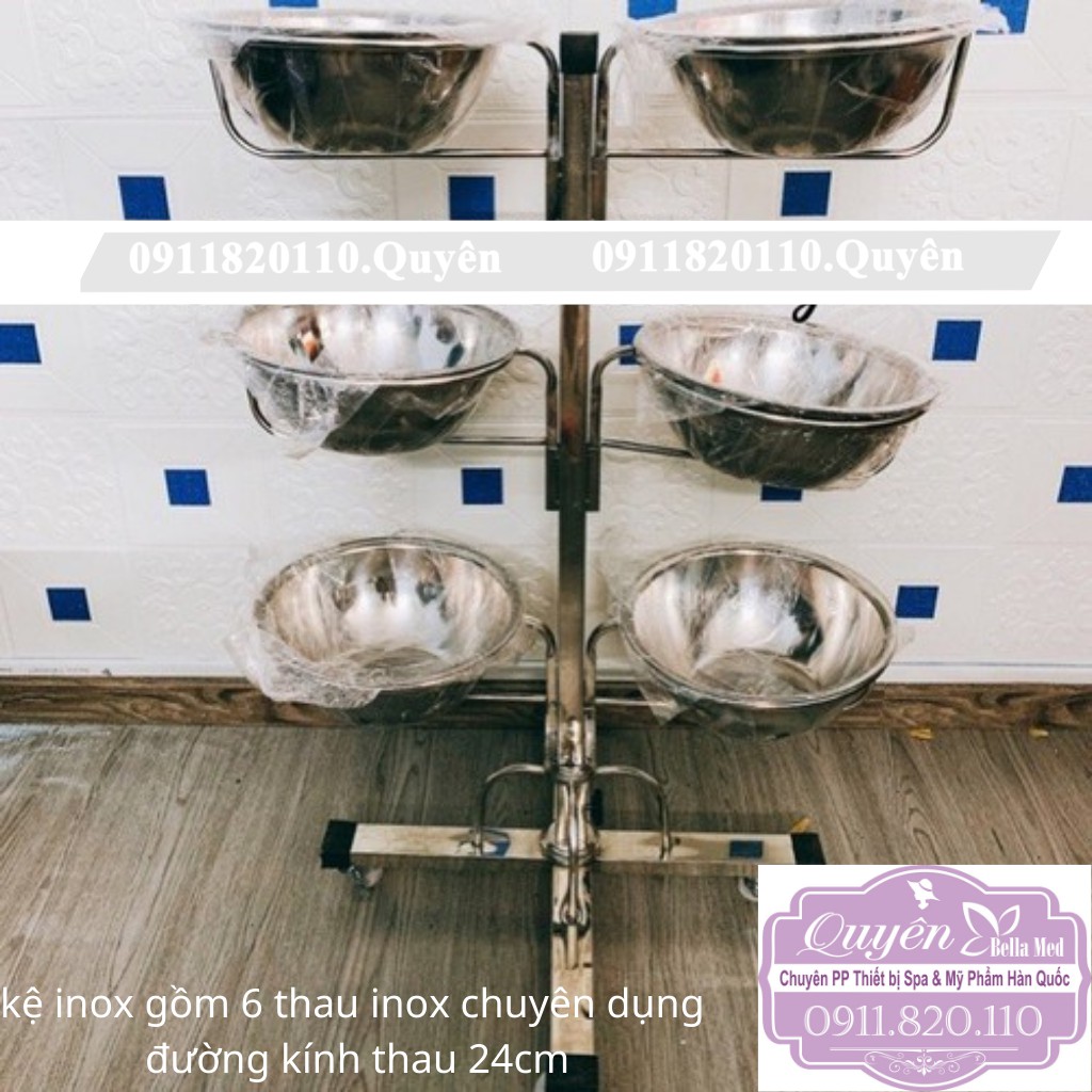 Kệ inox chuyên dụng dành cho spa, sản phẩm kệ inox kèm 6 thau inox, sản phẩm kệ inox kèm 12 thau nhựa thời trang