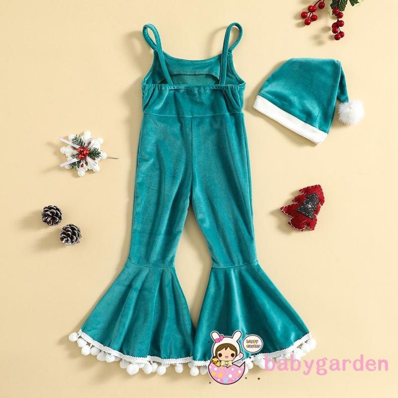 Bộ Áo Liền Quần Hai Dây Phối Tua Rua Và Mũ Phong Cách Giáng Sinh Cho Bé Gái 1-5 Tuổi