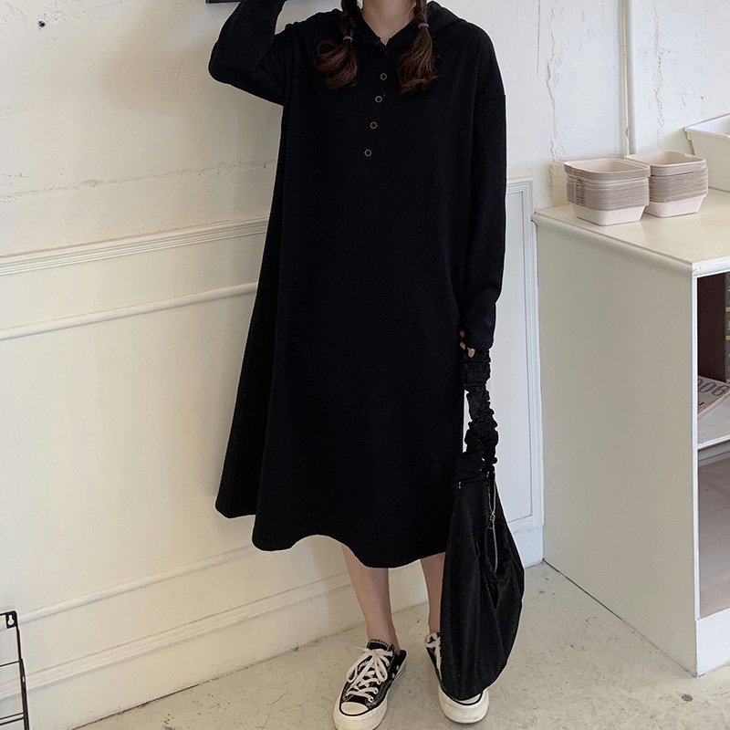 SUXI Đầm hoodie dài tay phong cách vintage Hàn Quốc cho nữ
