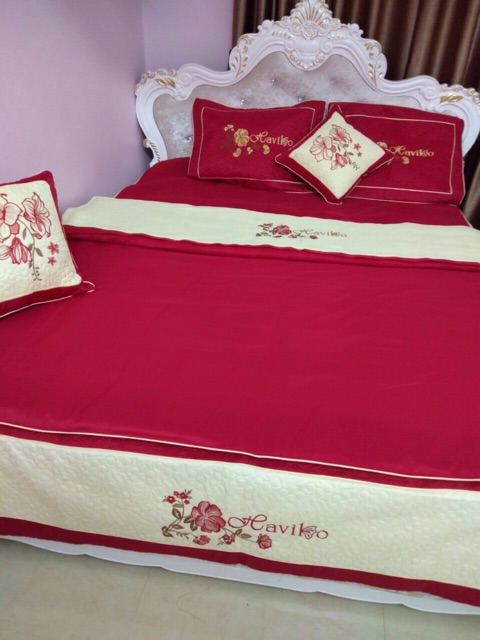 Set ga phủ và 2 vỏ gối cotton satin hàng màu thêu siêu đẹp