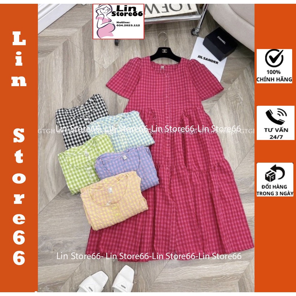 Váy Bầu Đẹp.Đầm Bầu Chất Đũi Caro Tay Ngắn Dáng Suông Xòe, Thiết Kế Cổ Tròn Freesize(45-70kg) A081 Lin Store66