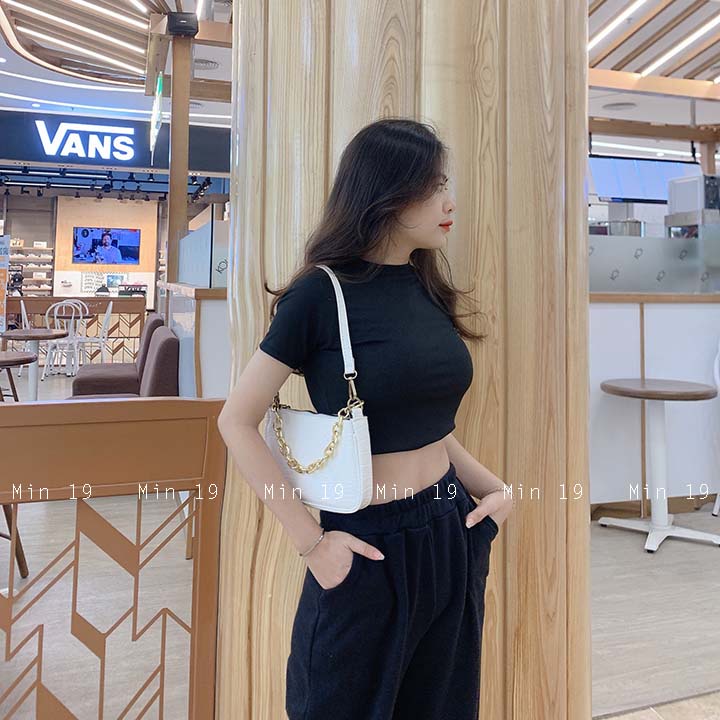 Áo croptop tay ngắn MIN19 áo thun body nữ tay ngắn bigsize cổ tròn dáng ôm màu trắng đen nâu be thời trang Hàn Quốc