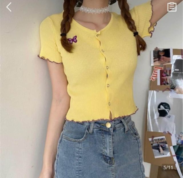 Croptop lượn sóng thêu bướm hàng Quảng Châu, có ảnh thật, hàng sẵn