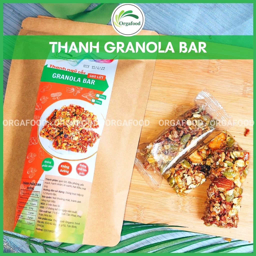 Thanh gạo lứt ngũ cốc, hạt dinh dưỡng GRANOLA BAR, 8 thanh (~200g), không đường, ăn vặt giảm cân, một thanh là no