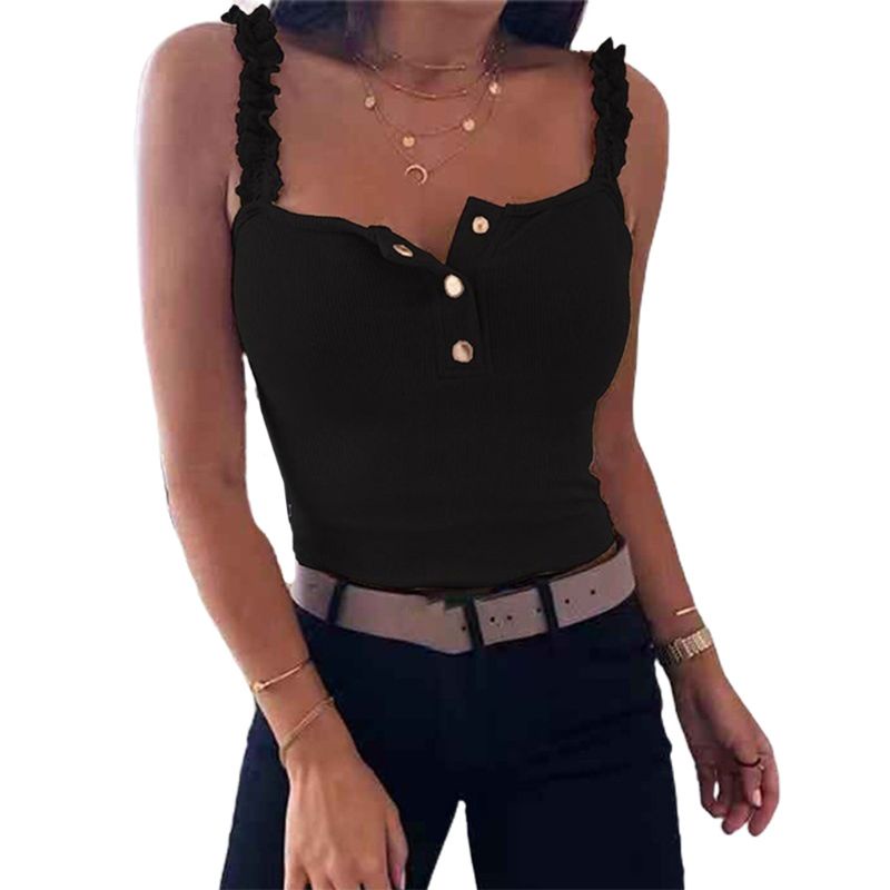 Áo Dệt Kim Sát Nách Ôm Dáng Phối Bèo Và Nút Cài Trước Gợi Cảm Cho Nữ