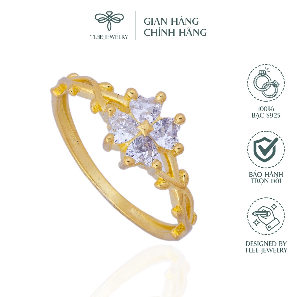 Nhẫn bạc nữ TLEE cỏ bốn lá mạ vàng 14k đính đá cao cấp NCJ A0135