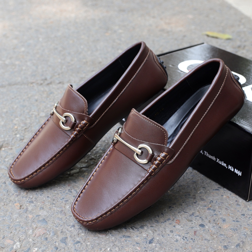 Giày lười nam da bò đẹp màu nâu, đai ngang kim loại - 4435na