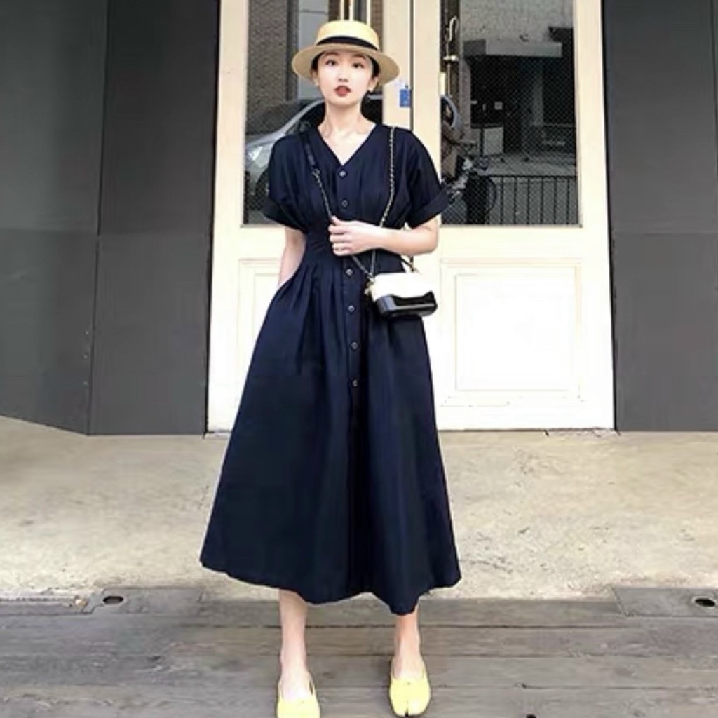 Đầm váy freesize đen cổ V xếp li eo