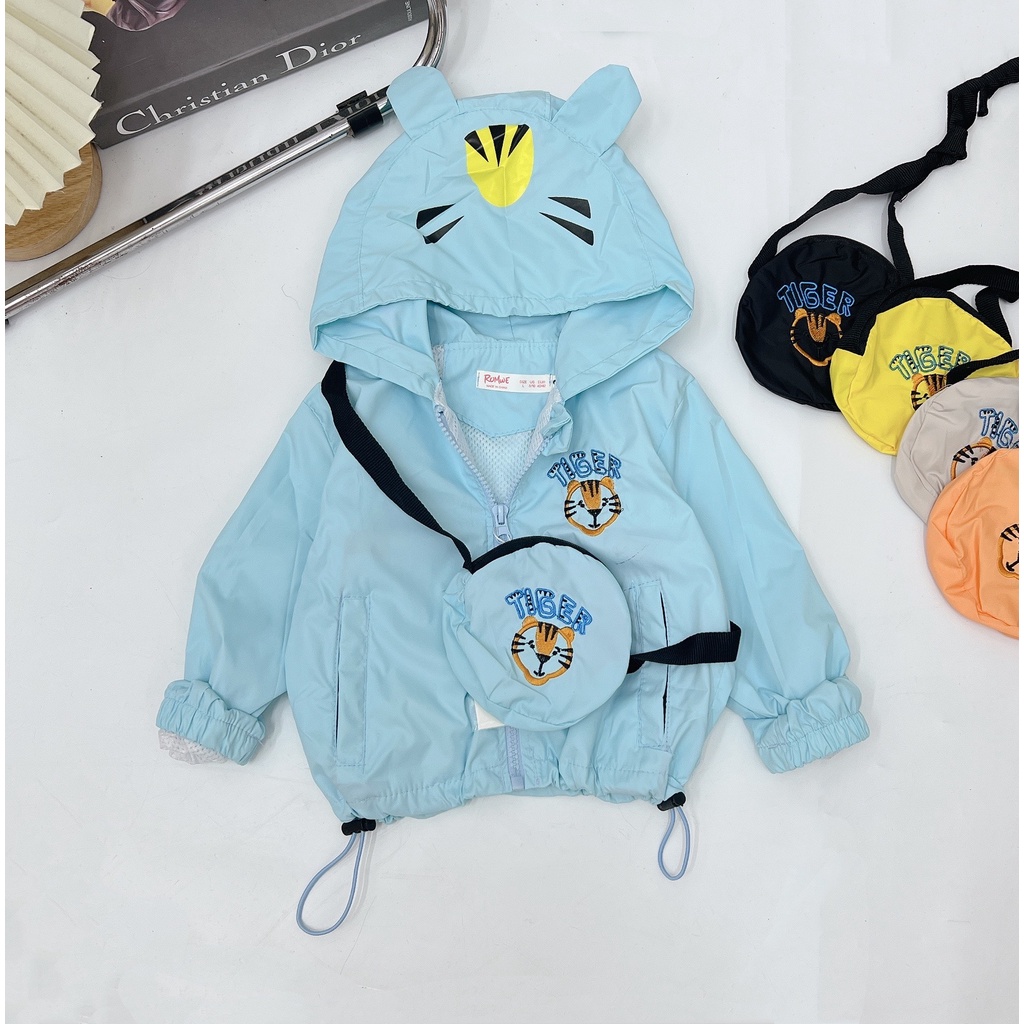 Áo khoác cho bé, áo khoác gió 2 lớp vài gió lì chính phẩm kèm túi thêu chú hổ cho bé trai, bé gái