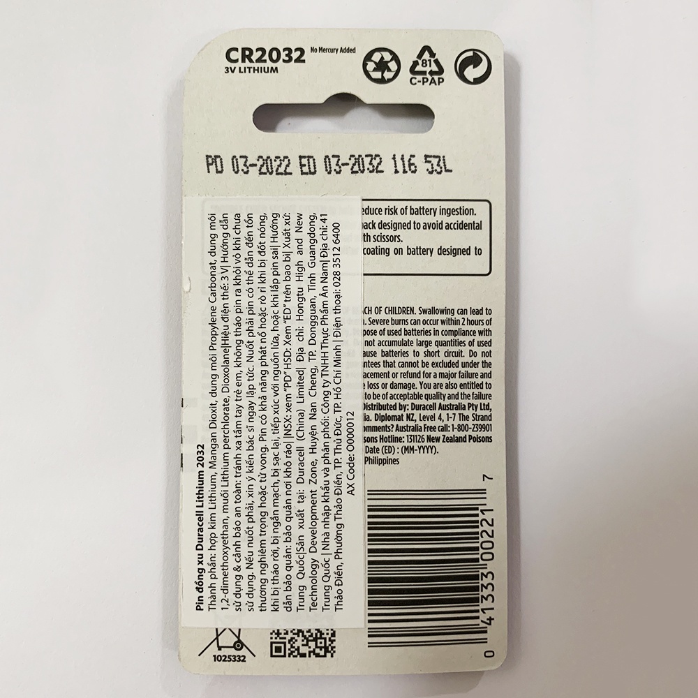 Pin CR2032 Duracell Lithium 3V LOẠI TỐT vỉ 2 viên chính hãng