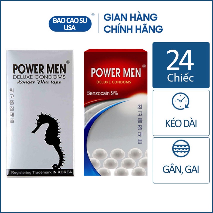 Combo 2 hộp bao cao su gân gai, kéo dài quan hệ Power Men Longer Plus và Power Men Ngọc Trai 24 chiếc