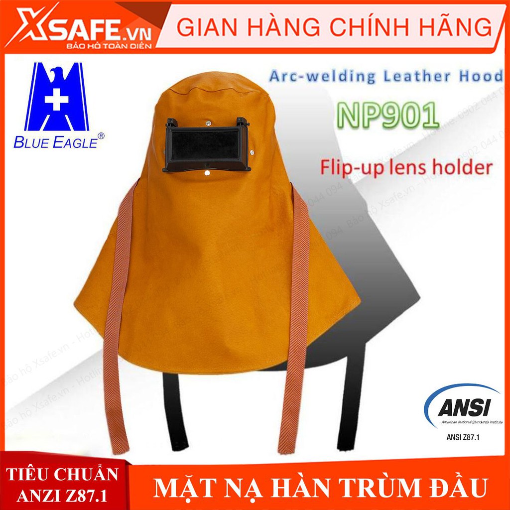 Mặt nạ hàn trùm đầu Blue Eagle NP901 da thật, kính hàn 2 lớp vùng quan sát rộng, cho hàn điện, Mig-Mag, Tig, Plasma