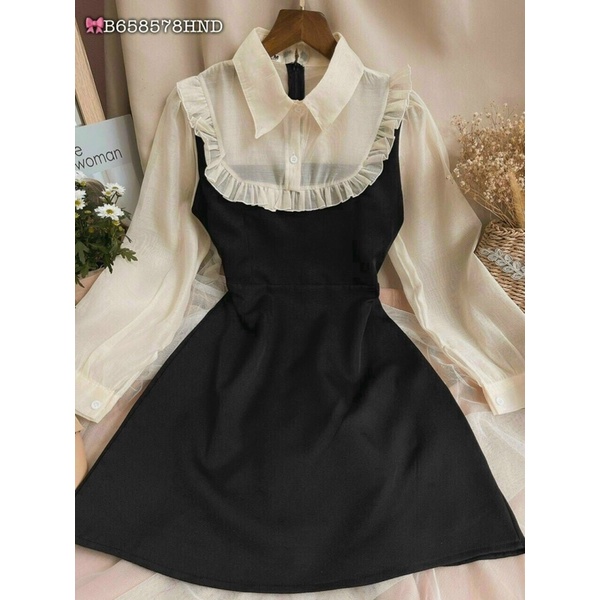 Váy/Đầm sơ mi đen phối cổ bèo tay voan dành cho nữ bành bèo-Đầm tiểu thư ulzzang đi học dạo phố dự tiệc dễ thương