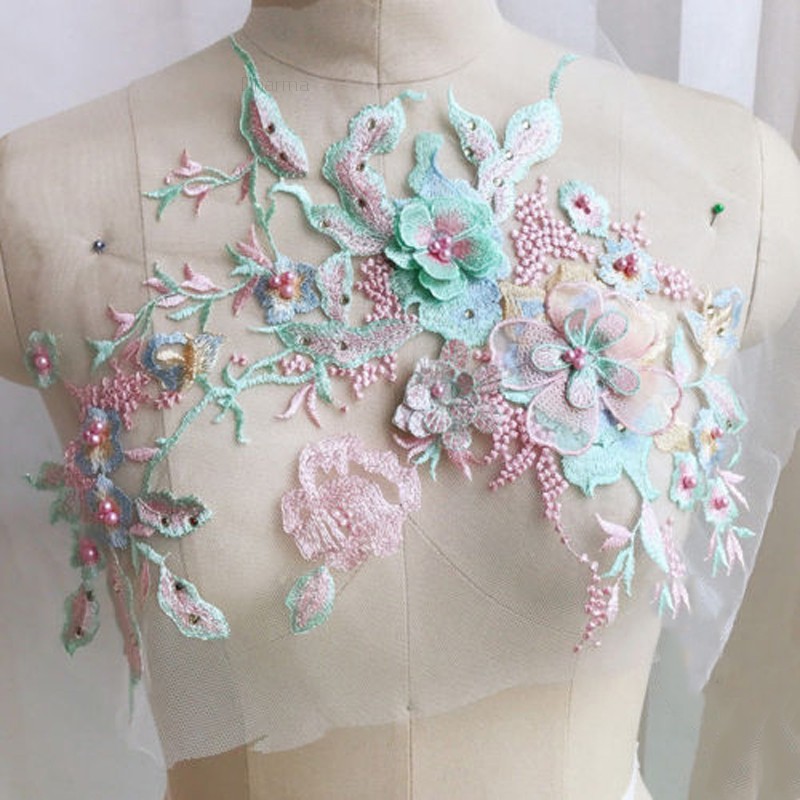 Mẫu hoa thêu 3D xinh xắn chất vải tuyn dùng làm phụ kiện trang trí quần áo