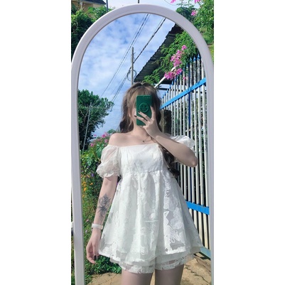 Set ren in hoa áo babydoll tay phồng kèm short VIBES