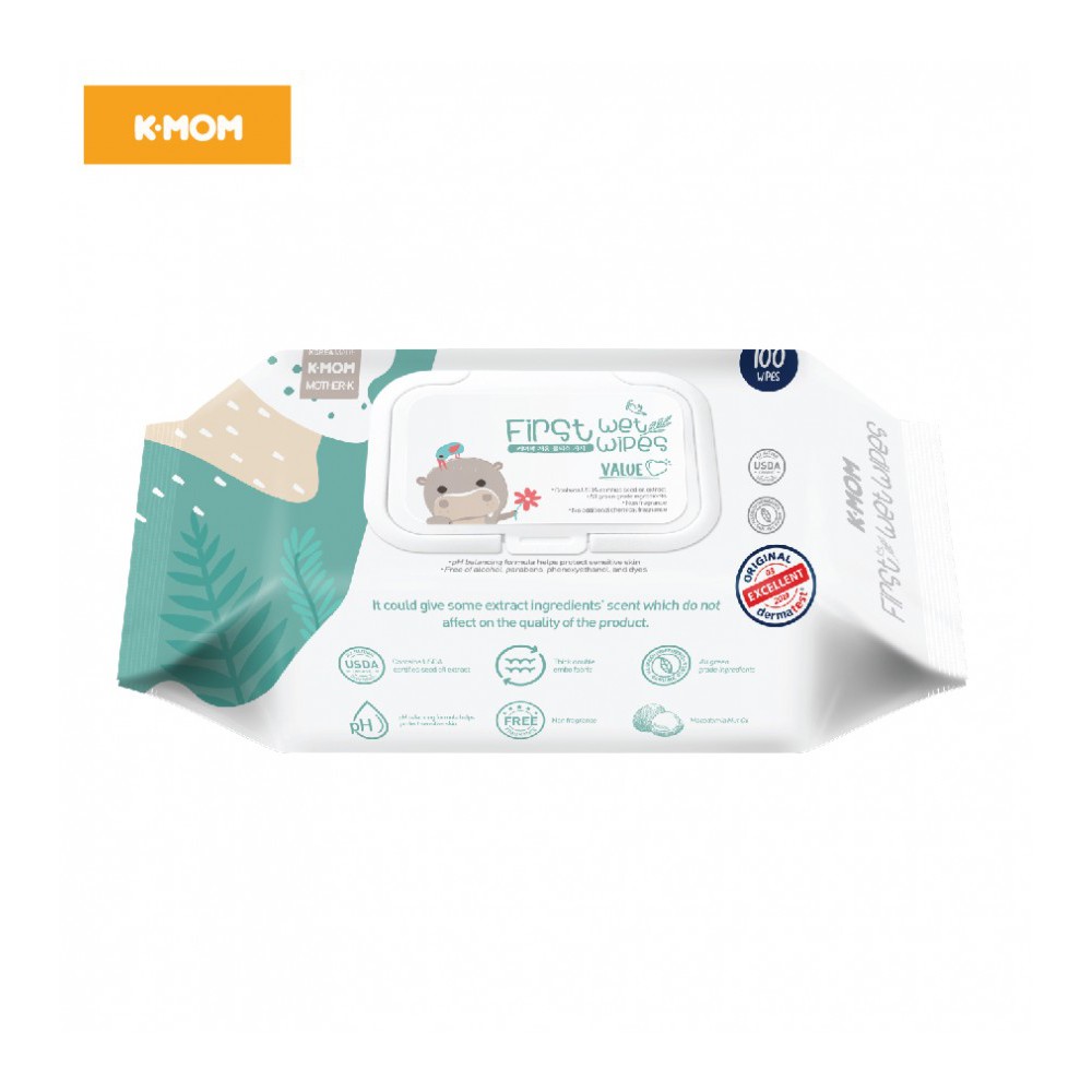 Khăn ướt cho bé K-MOM vân nổi có nắp 100c, khăn giấy 100% cotton ướt siêu mềm - Monnie Kids