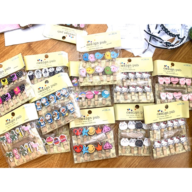 Set 10 kẹp gỗ hoạt hình kèm dây mẫu ngẫu nhiên