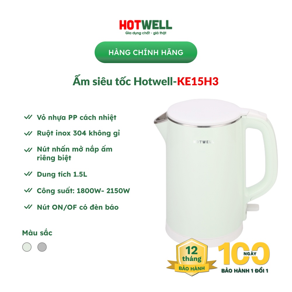 Ấm siêu tốc Hotwell KE15H3 - 1.5L, 2150W đun sôi siêu nhanh, tự ngắt điện chống cháy nổ, vỏ ngoài PP cách nhiệt chống bỏ