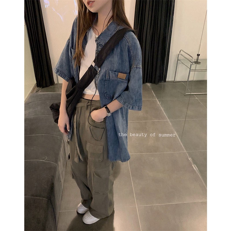 Áo Sơ Mi denim Tay Ngắn Dáng Rộng Thời Trang Mùa Hè Phong Cách Hàn Quốc Cho Nữ