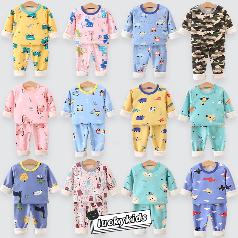 Bộ Đồ Ngủ Vải Cotton Phối Nhung In Hoạt Hình Dễ Thương Thời Trang Thu Đông Cho Bé