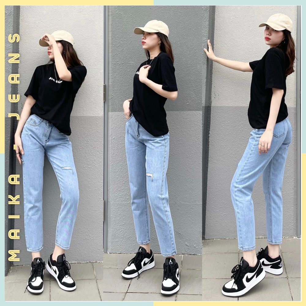(Freeship) Quần Jeans Nữ Baggy Cạp Cao Siêu Tôn Dáng Rách Hông Và Đùi Lai Quân Cắt Gấu (Hình thật shop chụp) | BigBuy360 - bigbuy360.vn
