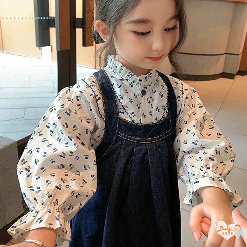 Bộ Áo Sơ Mi Tay Dài In Hoa + Váy Yếm Denim Dễ Thương Cho Bé Gái