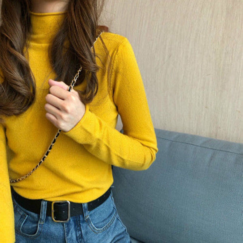 Áo Dệt Kim Cổ Cao Màu Trơn Dáng Ôm Phong Cách Hàn Quốc Thời Trang Cho Nữ