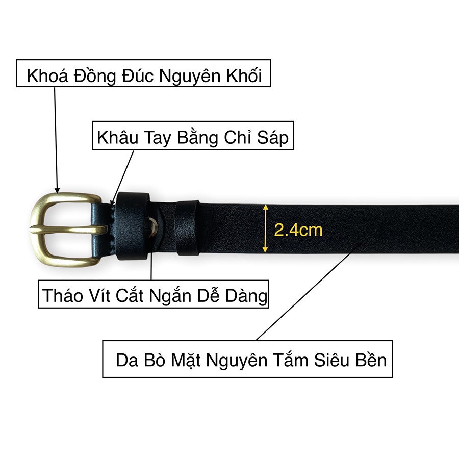 Dây Nịt Da Bò Khóa Kim Bằng Đồng TM826 Bản Rộng 2.4cm Phù Hợp Cho Bạn Nữ Và Học Sinh Full Box Bảo hành 24 Tháng