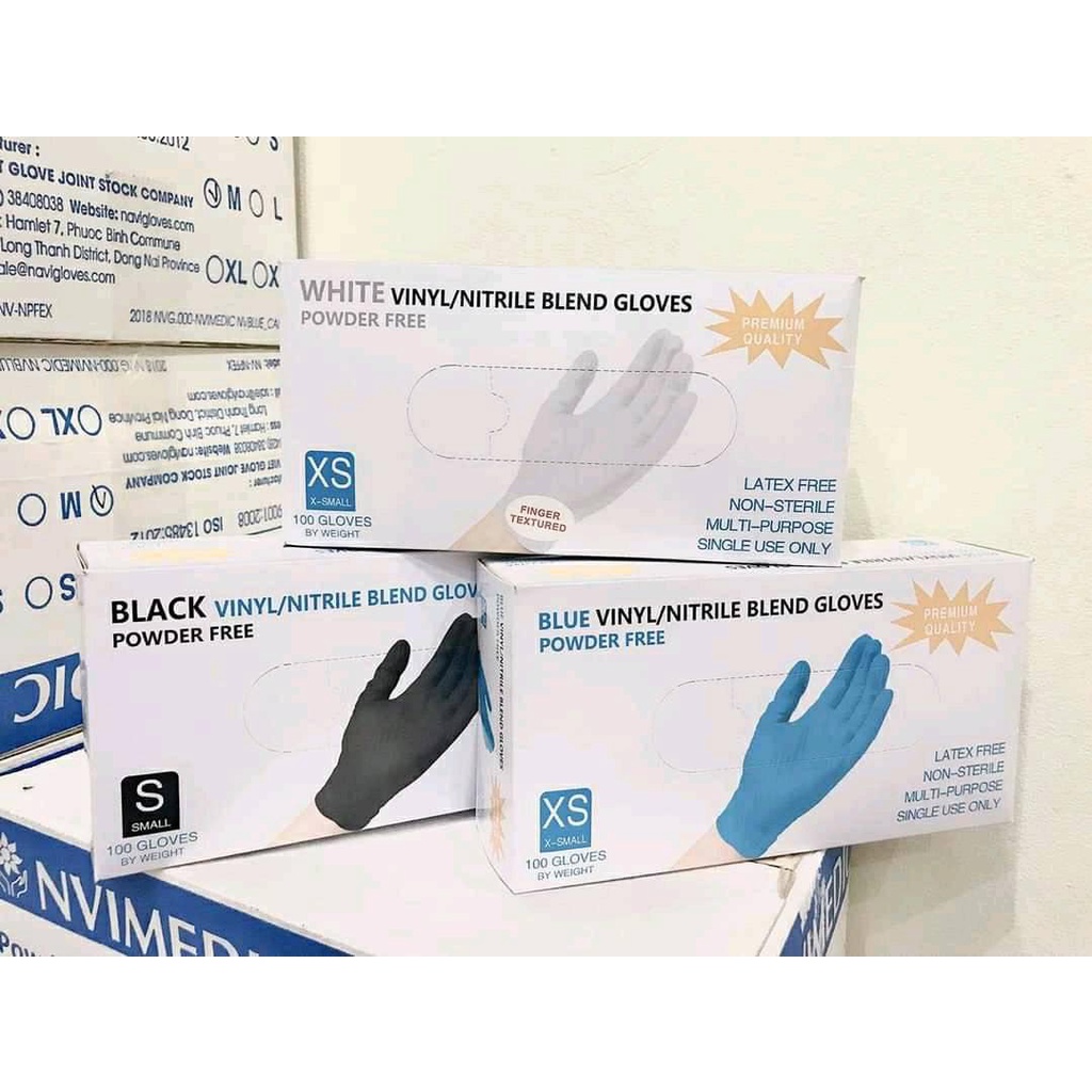 Găng Tay Vinyl Blend Gloves Không Bột Màu Đen/Trắng/Xanh, Hộp 100 Chiếc=50 Đôi Dùng Chế Biến,Thẩm Mỹ, SPA Phun Xăm