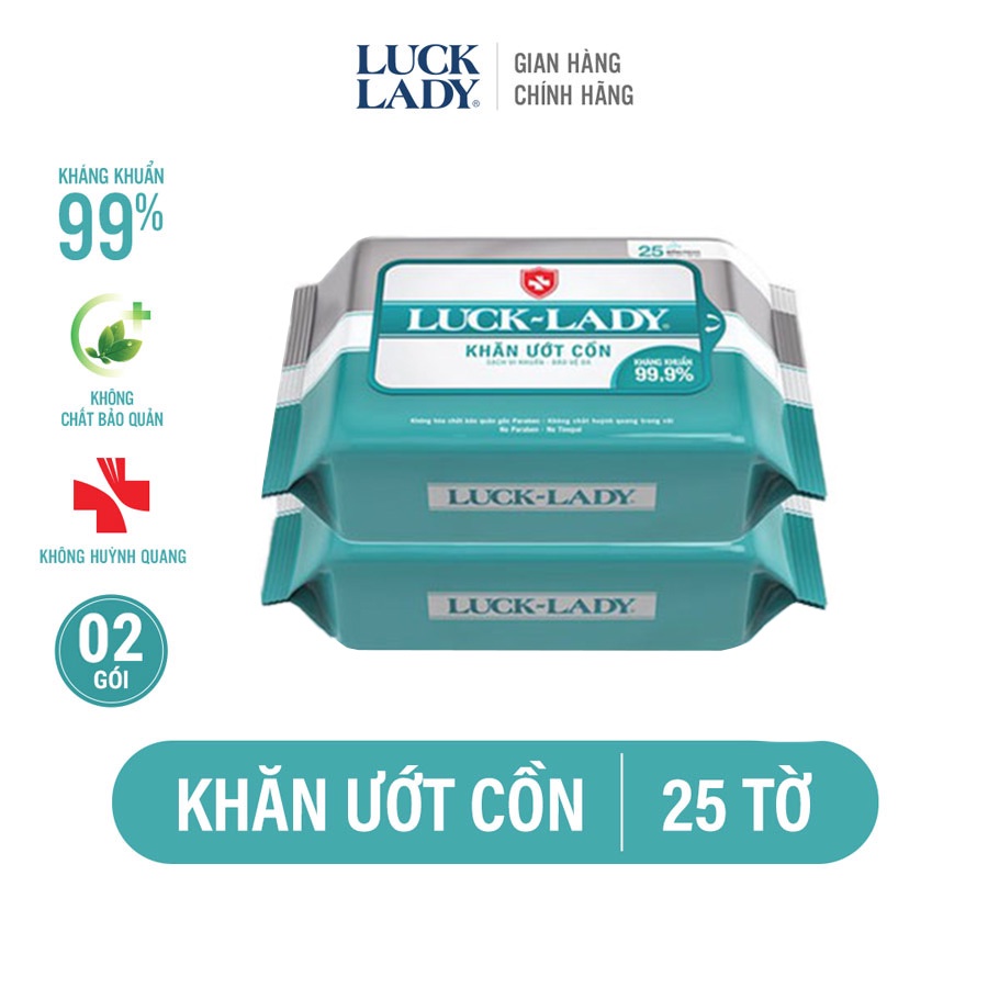 Khăn ướt cồn kháng khuẩn Luck Lady 25 tờ/gói - Combo 2 gói